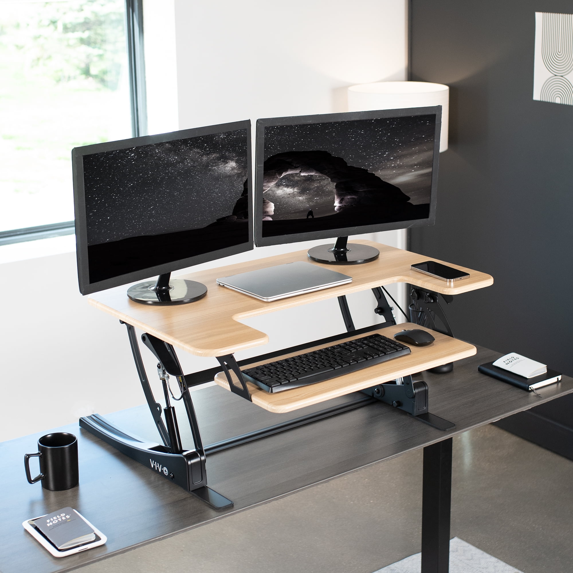 VIVO Light Wood Height Adjustable Standing Desk Monitor Riser Tabletop Sit Stand