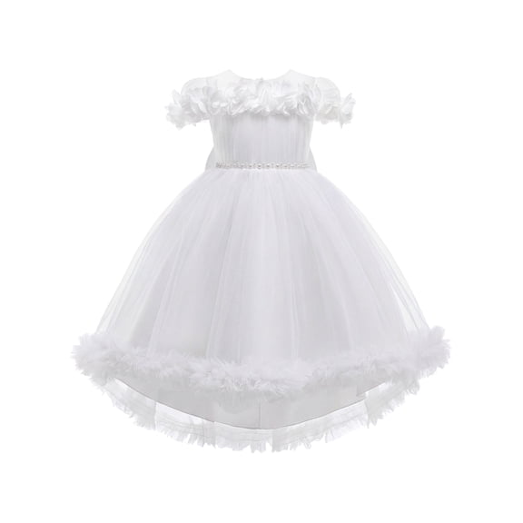 IBTOM CASTLE Kids Girls Princess Dress Mesh 3D Flower Ruffle Tulle Dress Flower Girl Dress Birthday Party Dress Bowknot High-low Hemline Decor 7-8 Years White