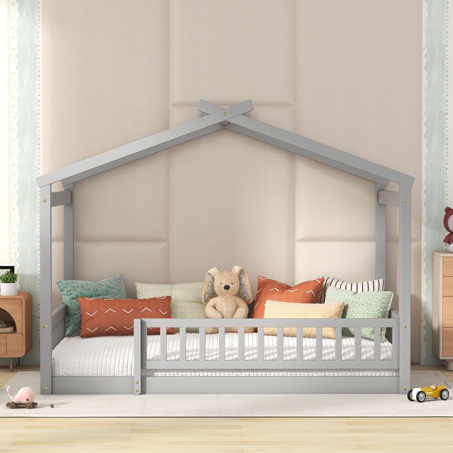 Bellemave Full Size House Floor Bed, Wooden Montessori Full Bed with Fence Railings and Support Slats, No Box Spring Needed (Gray)