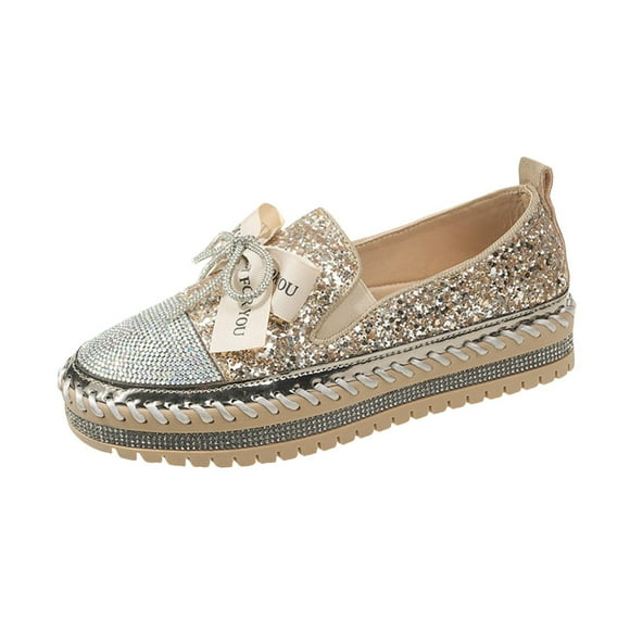 hopeusnice Deals Women's Rhinestone Shoes Glitter Bowknot Slip On Flat Loafers Breathable Comfortable Sneakers Walking Shoes Platform Flats Gold 37