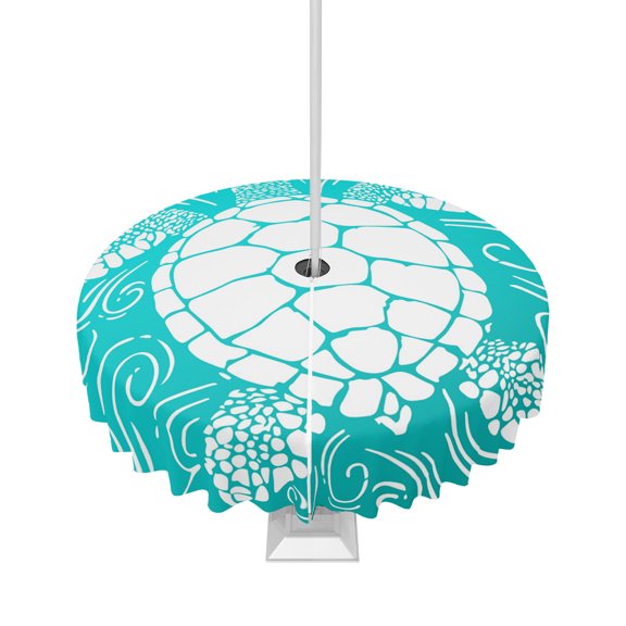 Outdoor Tablecloth with Umbrella Hole and Zipper Teal Sea Turtle Round Tablecloths 60 Inch Waterproof Table Cloths Coastal Marine Life Waves Patio Table Cover for Outdoor Tables BBQS Party Decor