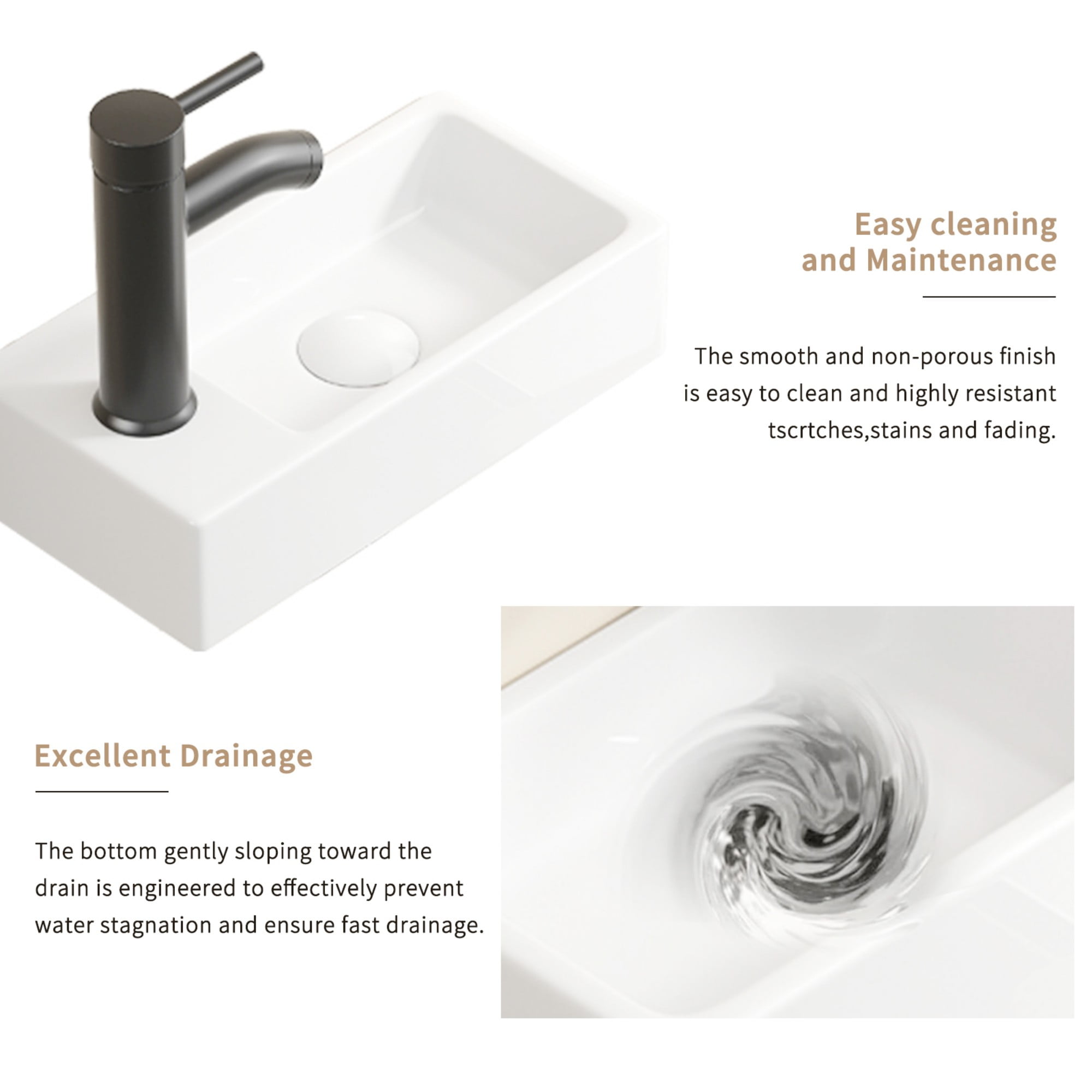 Wall Mounted Bathroom Sink,Small Cloakroom Basin Sink,Rectangle Ceramic Wash Basin,Right,White
