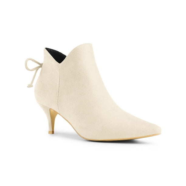 Unique Bargains Women s Pointed Toe Kitten Heel Ankle Booties Beige Size 10