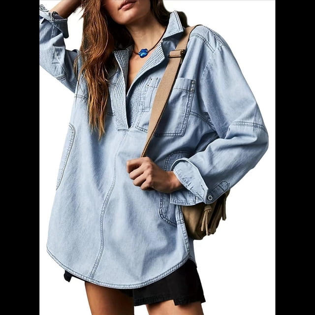 Chaqueta Vaquera Holgada de Larga con Bolsillo y Botones para Mujer, Estilo Informal, con Cuello en V y Botones. Azul L