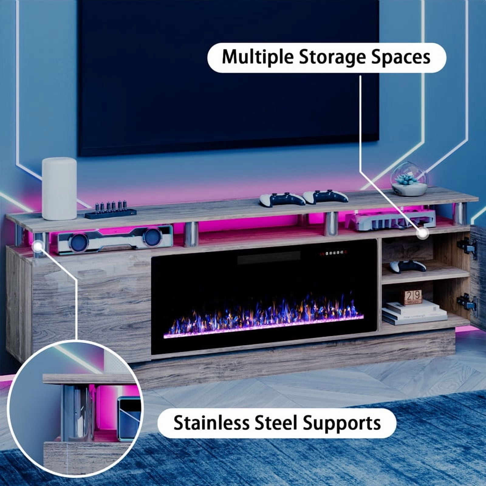 Waleaf 70" Modern Fireplace TV Stand with 36" Fireplace for TVs Up to 80", 2 Tier TV Console Stand for Living Room