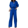thumbnail image 2 of Women'S Solid Color Collared Blouse and High Waist Pants Two Piece Set Fashion, 2 of 9
