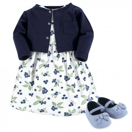UPC: 0660168559170 | Hudson Baby Infant Girl Cotton Dress  Cardigan and Shoe 3pc Set  Blueberries  0-3 Months