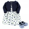 Hudson Baby Infant Girl Cotton Dress, Cardigan and Shoe 3pc Set, Blueberries, 0-3 Months