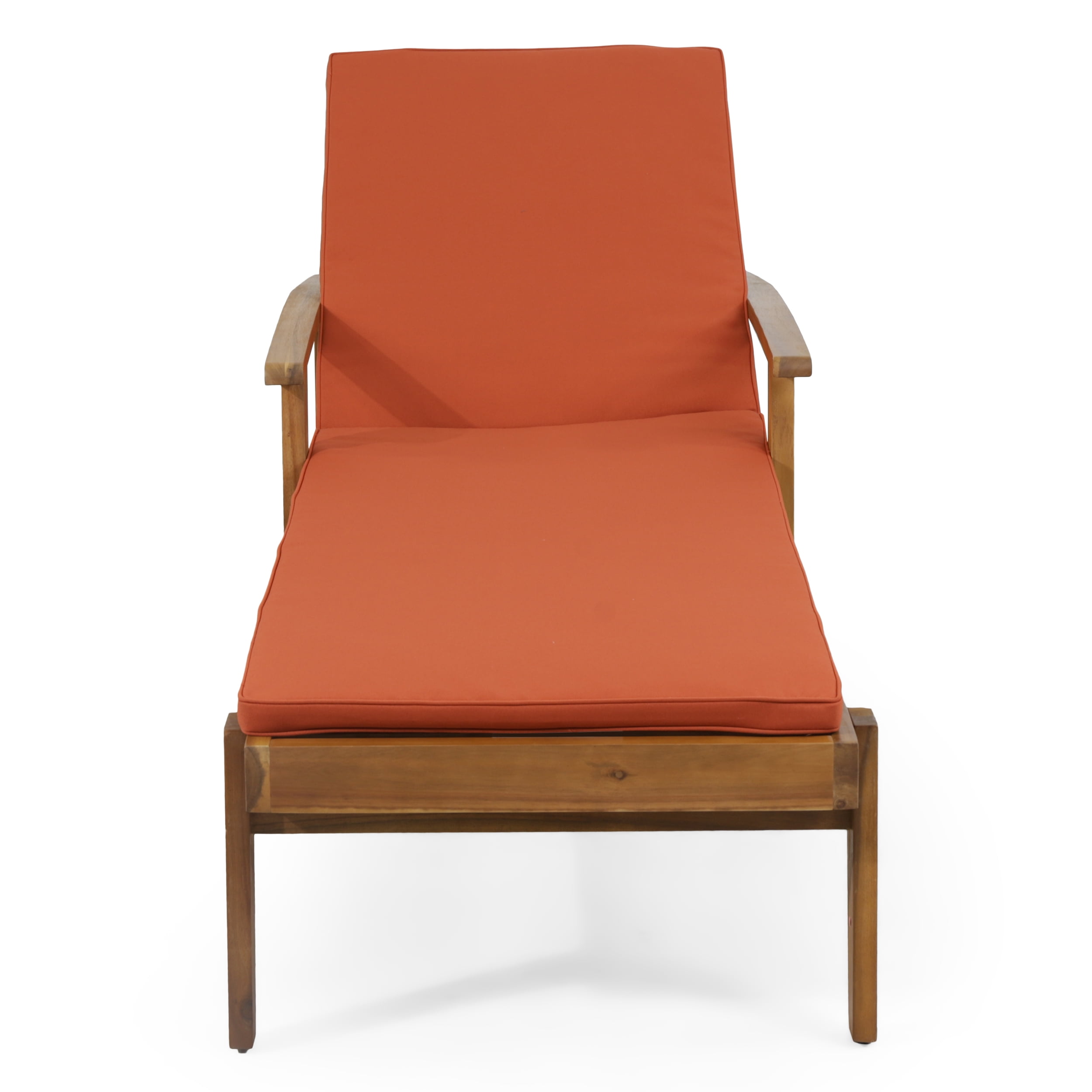 Adjustable Chaise Lounge, Outdoor Acacia Wood Lounge for Patio Poolside, Teak and Orange
