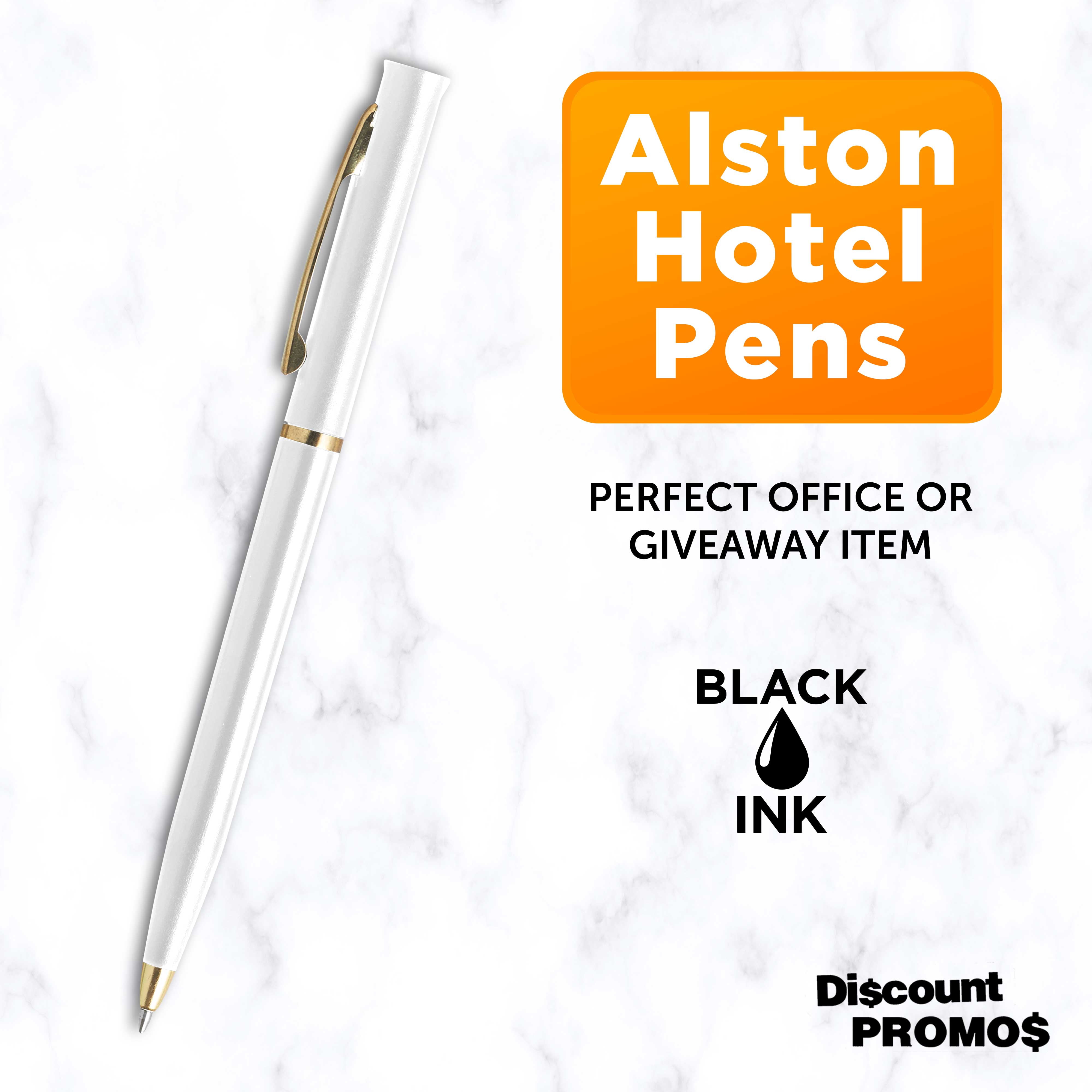 10 Alston Hotel Pens Pack - Ballpoint, Gold Metal Accent - White