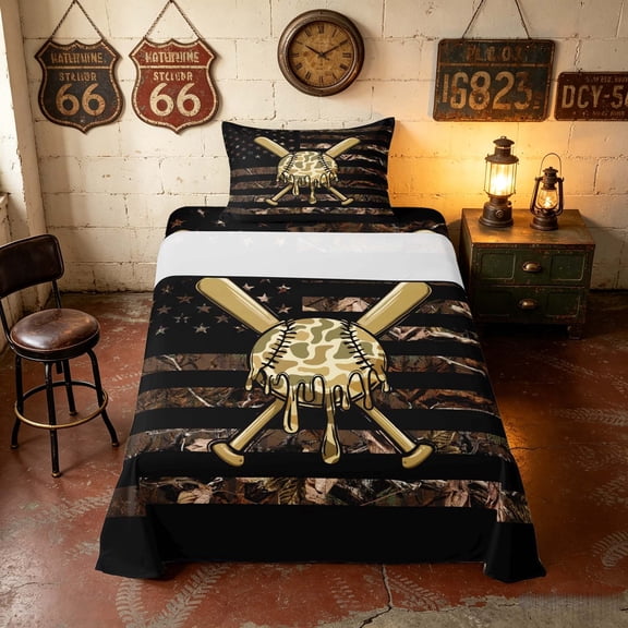 Manfei Camo Baseball US Flag Twin Sheets, Hunting Sports Theme Bedding, Brown Black, Black Reversible 3 Pieces (1 Flat Sheet, 1 Fitted Sheet and 1 Pillowcase)