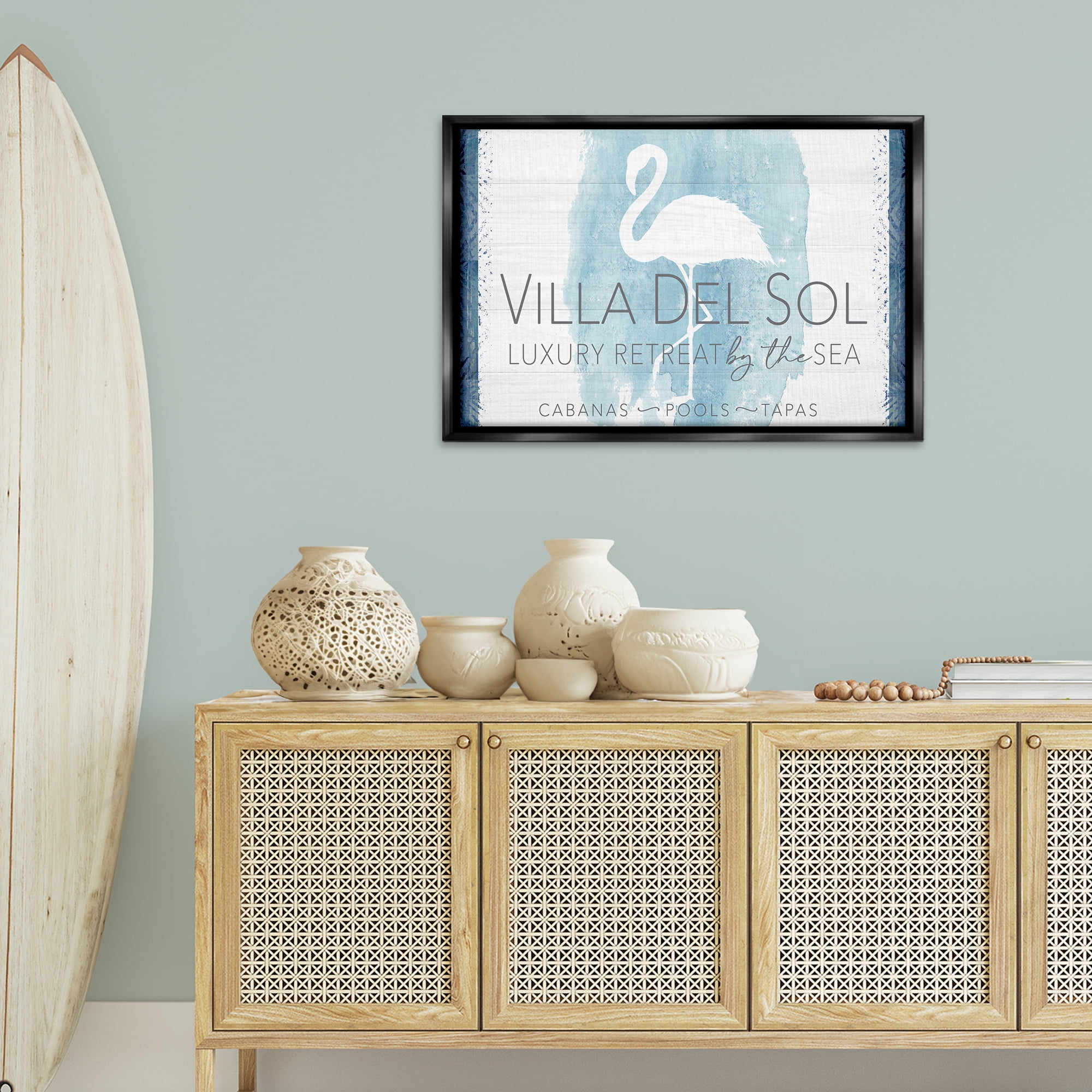 Stupell Industries Beach Retreat Flamingo Sign Nautical & Beach Painting Black Floater Framed Canvas Art Print Wall Art, 31 x 21