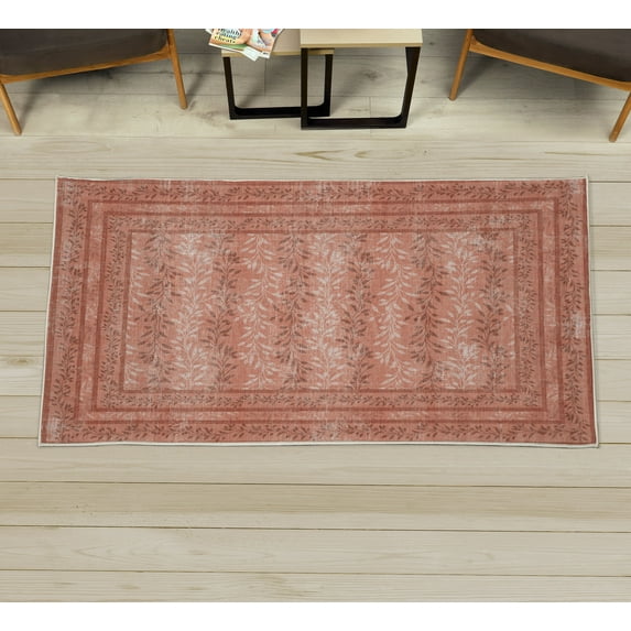 Leaves Decorative Rug, Warm Colored Botanical Design of Delicate Branches and Rectangular Frames, Quality Carpet for Bedroom Dorm and Living Room, 6 Sizes, Salmon Rust Burgundy, by Ambesonne