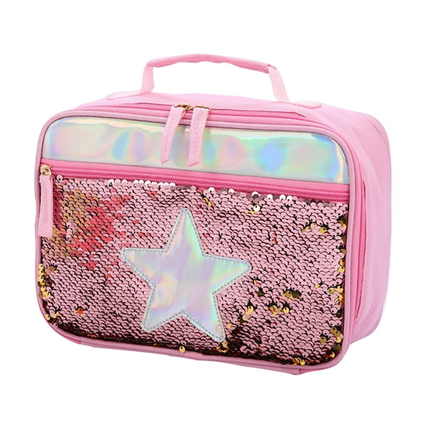 BRIGHTFUFU Bolsa de almuerzo portátil para niños Paquete de aislamiento de lentejuelas Papel de aluminio Bolsa térmica de picnic Bolsa de almacenamiento de conservación de comidas (Rosa)