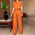 thumbnail image 1 of Wefads Two Piece Set Women Summer Casual Solid Lapel Single Breasted Button Short Sleeve Top With Belt Wide Legs Pants Set, 1 of 5