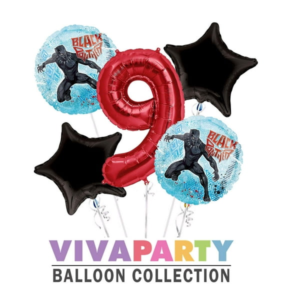 Black Panther Round Balloon Bouquet 5 pc, 9th Birthday, Red Number 9 Jumbo Balloon | Viva Party Balloon Collection