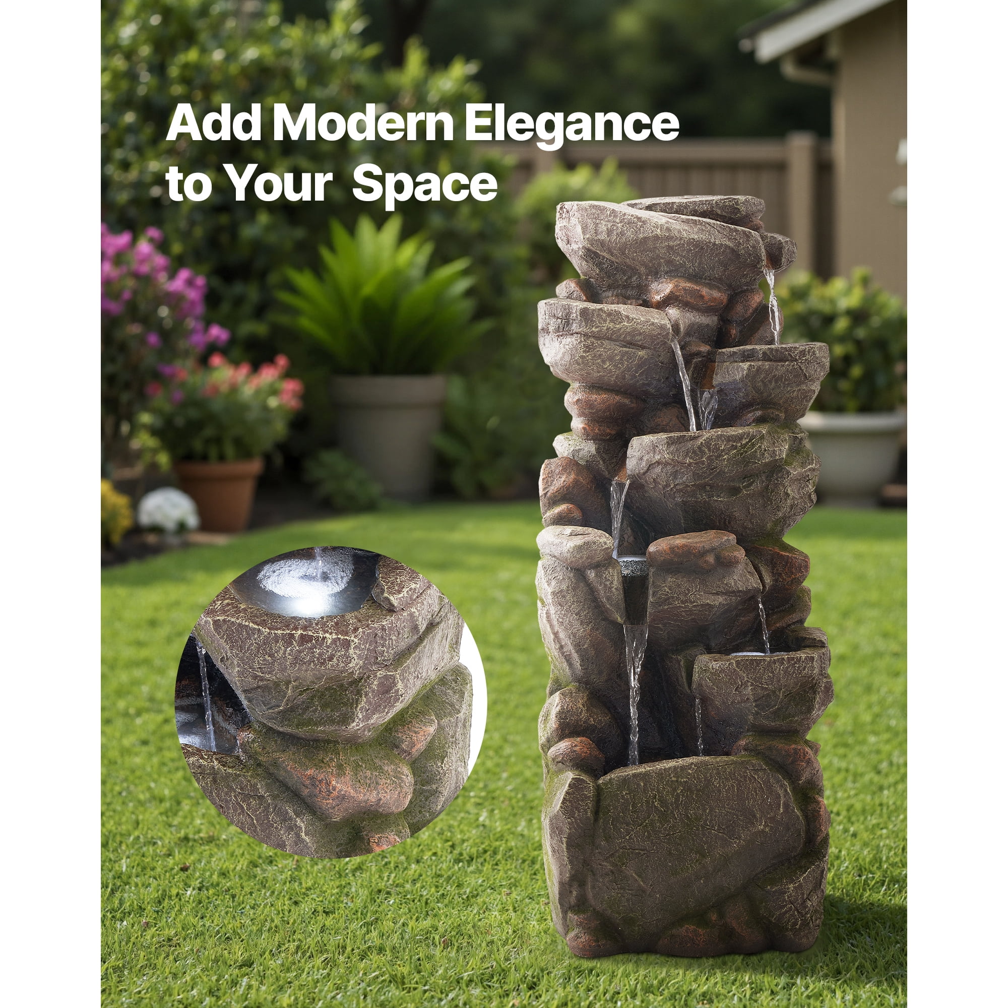 KFFKFF Outdoor Water Fountain, 38.98 in Tall, 7-Tier Rock-Inspired Cascading Design with LED Light and Pump, Ideal for Gardens, Patios, Backyards, and Indoor Spaces