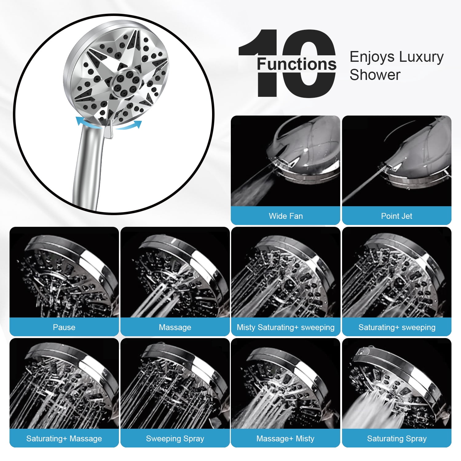 FiveBox Filtered Shower Head with Handheld, High Pressure 10 Spray Modes Detachable Shower Head with Filters for Hard Water, Powerful Rain Showerhead High Flow Hand Held Shower Head for Bathroom