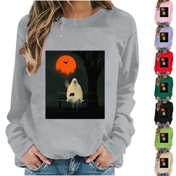 VKOYWKM Spooky Halloween Sweatshirt for Women Ghost Pumpkin Graphic Oversized Sweatshirt Crew Neck Long Sleeve Casual Fall Sweatshirt Holiday Party Pullover