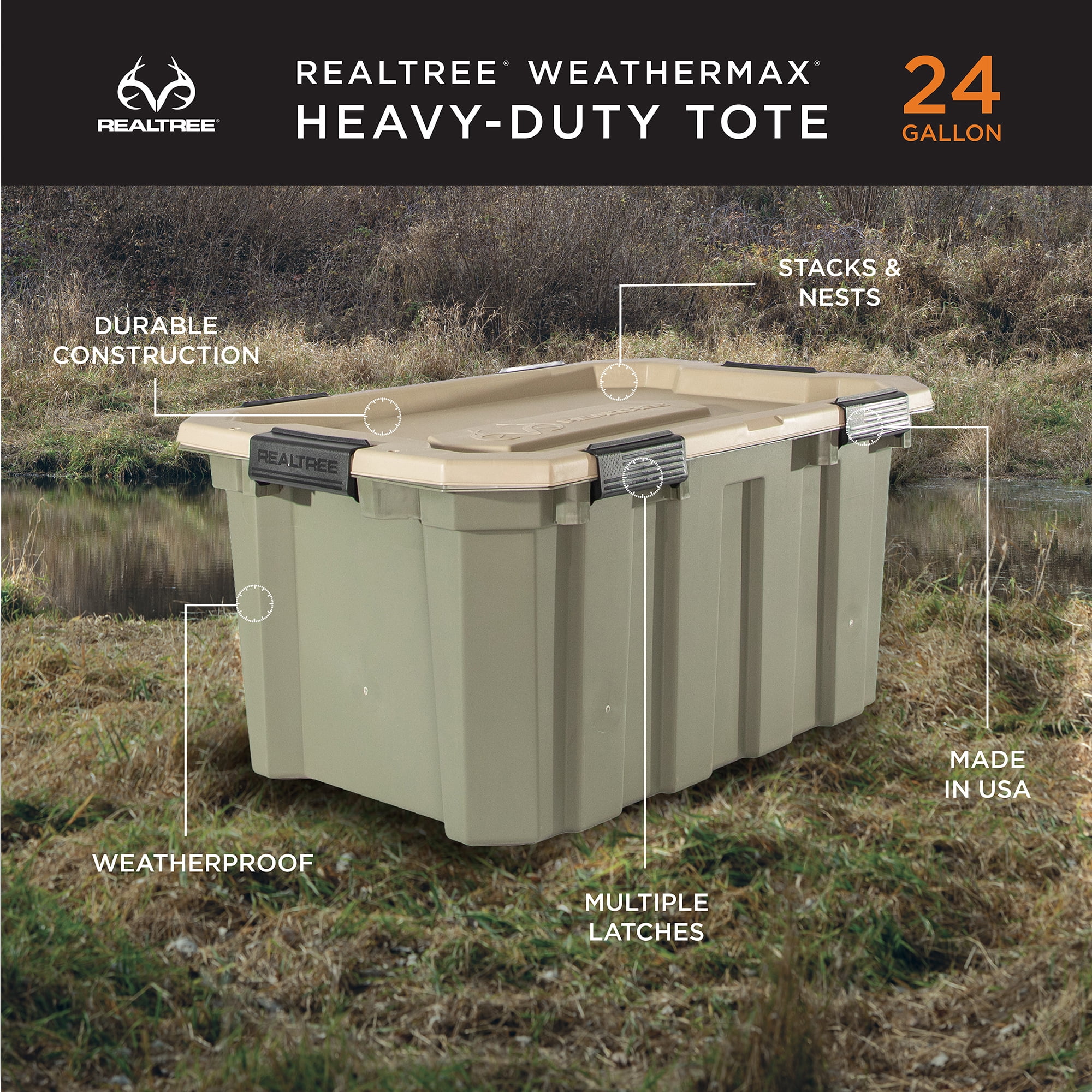 Realtree® WEATHERMAX™ 24 Gallon Green and Tan Storage Tote with Latching Lid, Heavy Duty Plastic Storage Bin, Pack of 2
