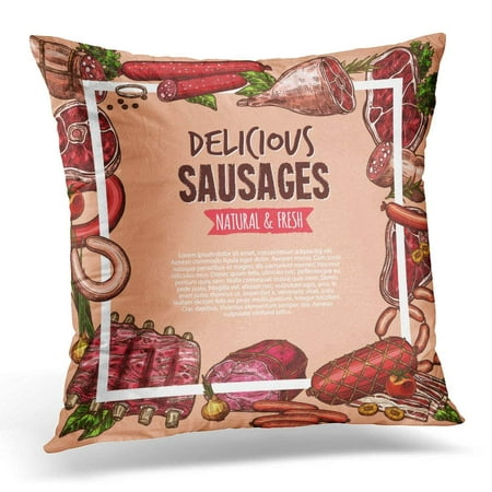 ARHOME Butcher Meat Beef and Pork Sausage Fresh Steak Barbecue Chop and Rib Salami Ham and Bacon Lamb Sirloin Pillow Case Pillow Cover 20x20 (Best Way To Cook Bison Sirloin Steak)