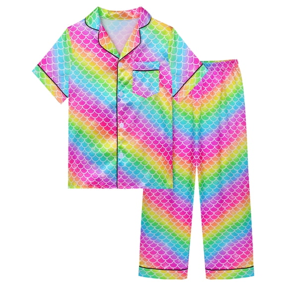 Girls Pajamas Silk PJS Set Rainbow Unicorn Sleepwear Short Sleeve Long Pants Jammies for Toddler Kids