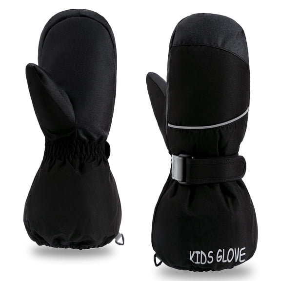 ThxToms Kids Ski Mittens for Boys and Girls, Water Resistant Windproof Warm Fleece Lined Winter Snow Gloves, Black