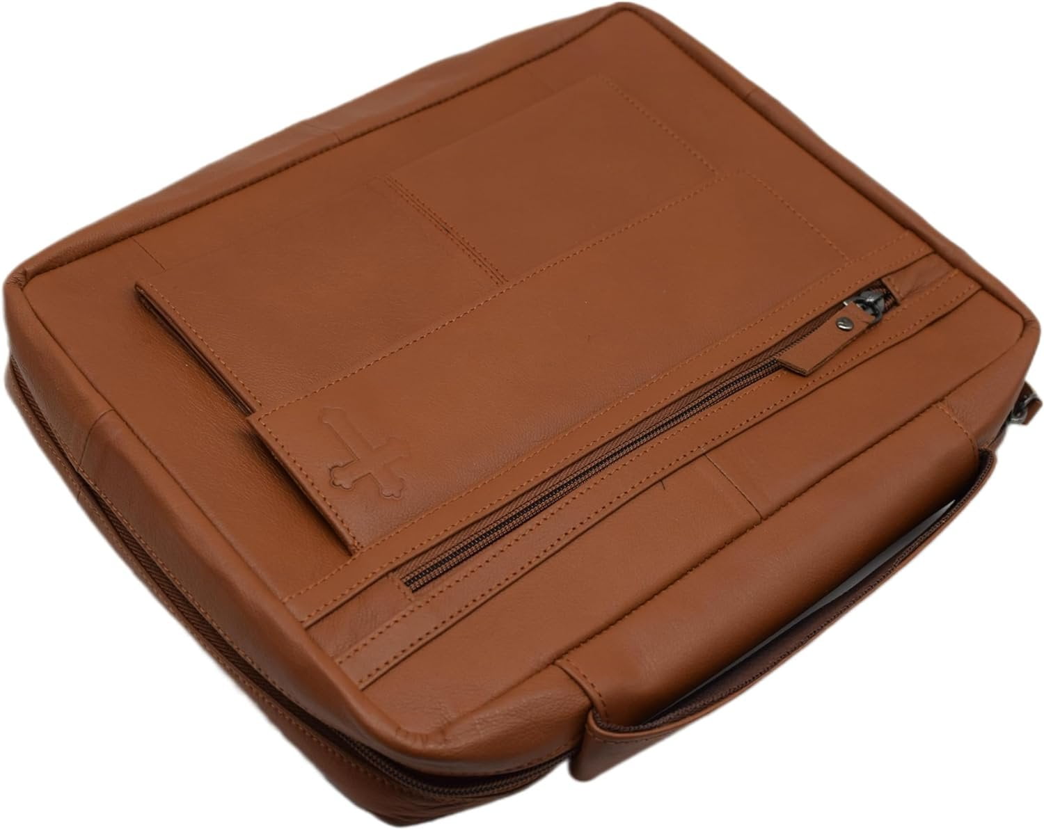 Large Cross Bible Book Cover Genuine Leather with Handle Cross Tan