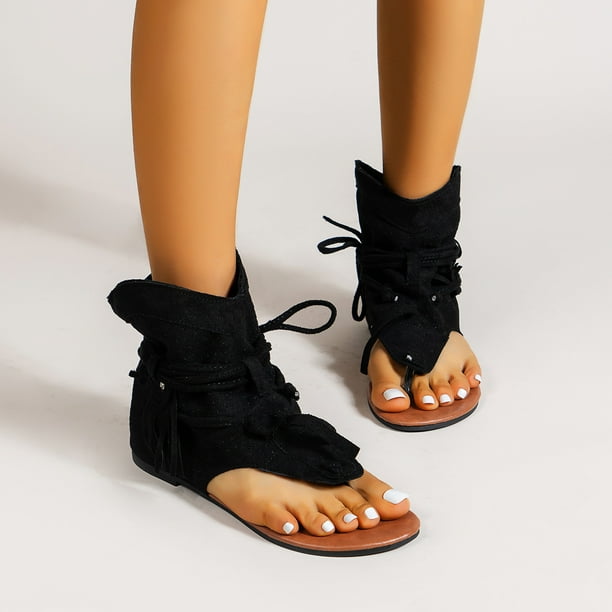 Sandalias femeninas estilo europeo y americano retro borla plana sandalias con punta hueca de gran tamaño