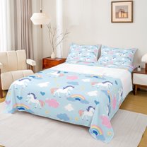Castle Fairy Kawaii Unicorn Bed Sheets,Cartoon Floral Love Heart King Sheets