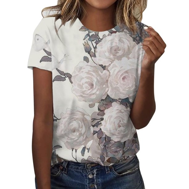 Gibobby Blusa de Trabajo de Manga Corta Camiseta Mujer Casual Y Cómoda Con Cuello Redondo Y Camiseta Estampada Manga Corta(Blanco,XL)