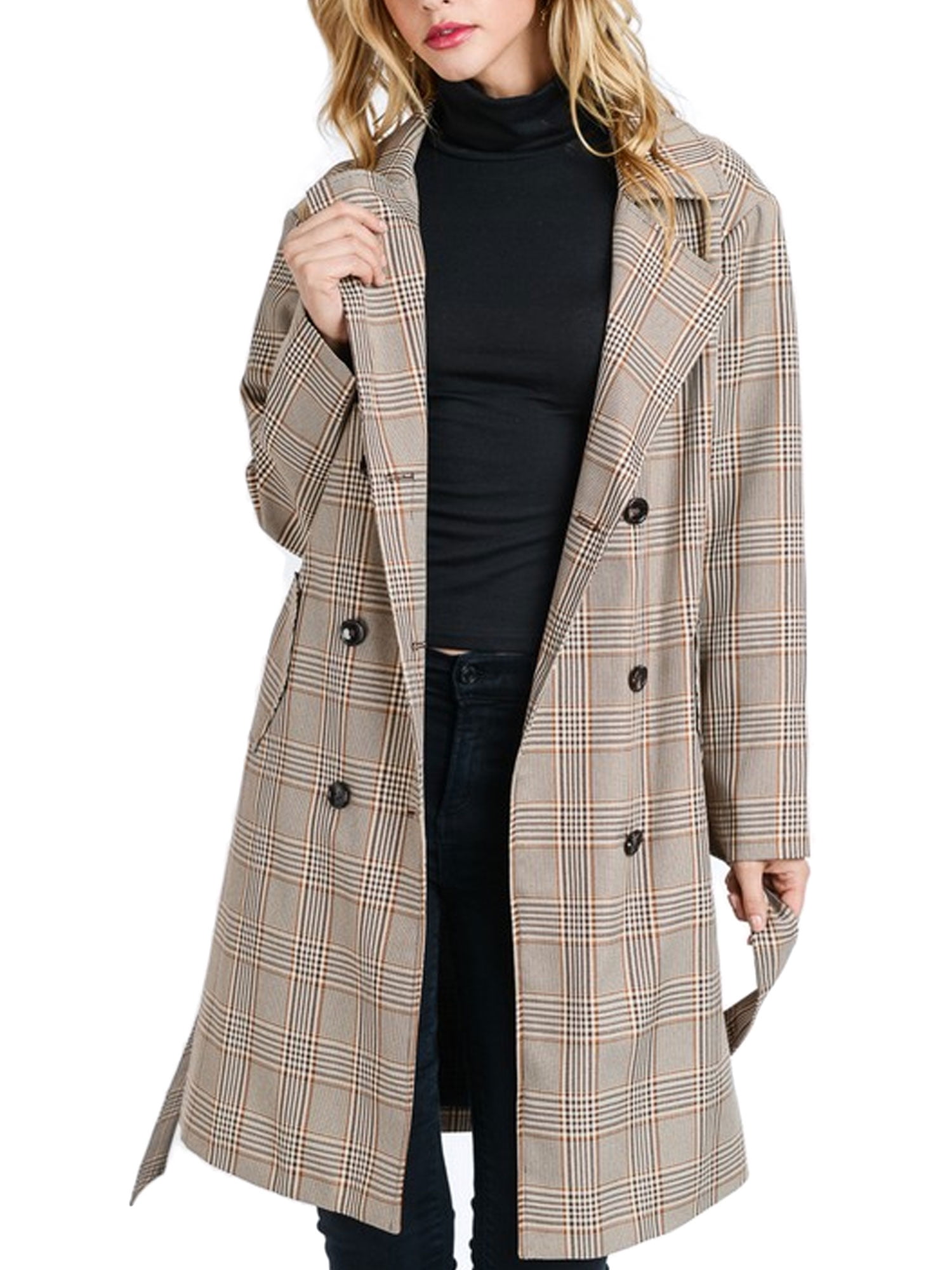 KOGMO Womens Plaid Checker Double Breast Trench Coat with Double
