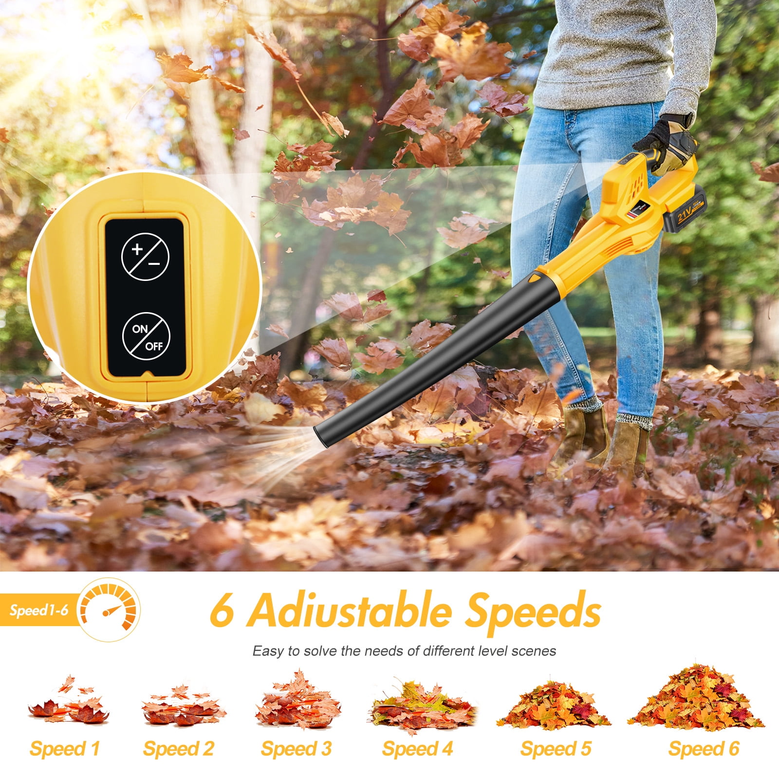 Cordless Leaf Blower, 21V Leaf Blower with 1 Battery, 6-Speed Leaf Blowers for Lawn Care, Patio, Blowing Leaves, Yellow