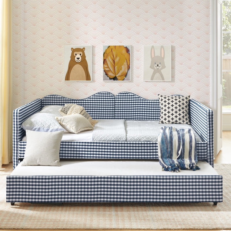 Full Size Gingham Daybed with Trundle, Upholstered Day Bed Frame with Side Storage Pocket & Wave-Shaped Backrest, Modern Sofa Bed for Living Room, Bedroom, No Box Spring Needed