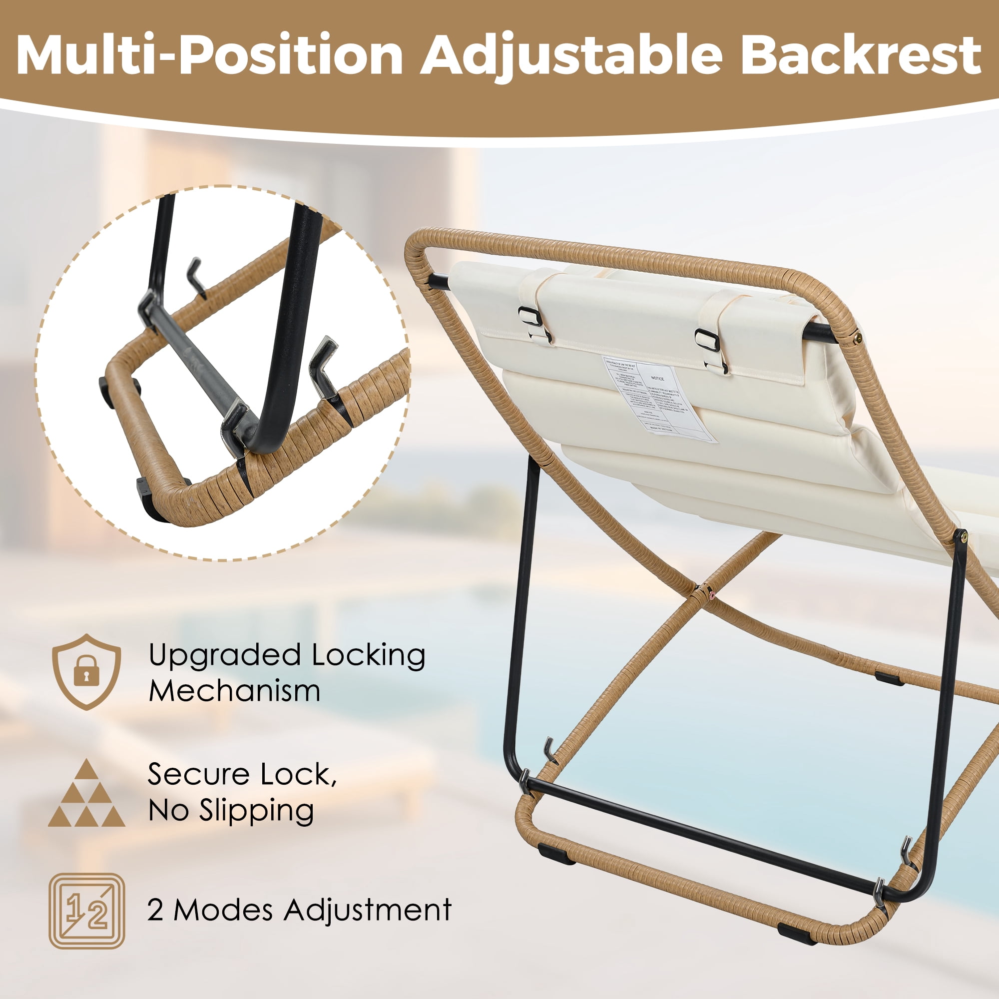 2-Pieces Outdoor Folding Chair, Rattan-Wrapped Patio Chair with Adjustable Backrest, Thick Cushion, and Detachable Headrest, for the Poolside, Beach, Backyard, Decck, and Camping (Yellow)