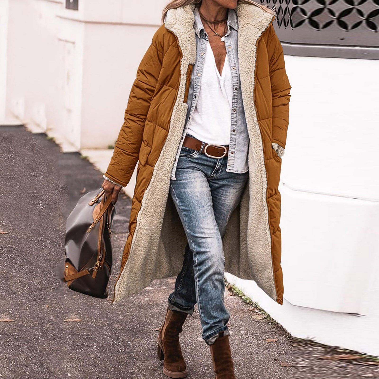 Veste Polaire Capuche Femme - Manteau D'hiver épais, Doublure Polaire, Poches Zippées, Coupe Longue Confortable - 3