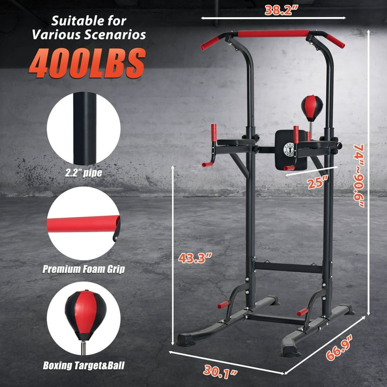 Soges Power Tower Dip Station Pull Up Bar Gym Fitness Workout Exercise Equipment Strength Training with Speed Punching Bag Boxing Ball