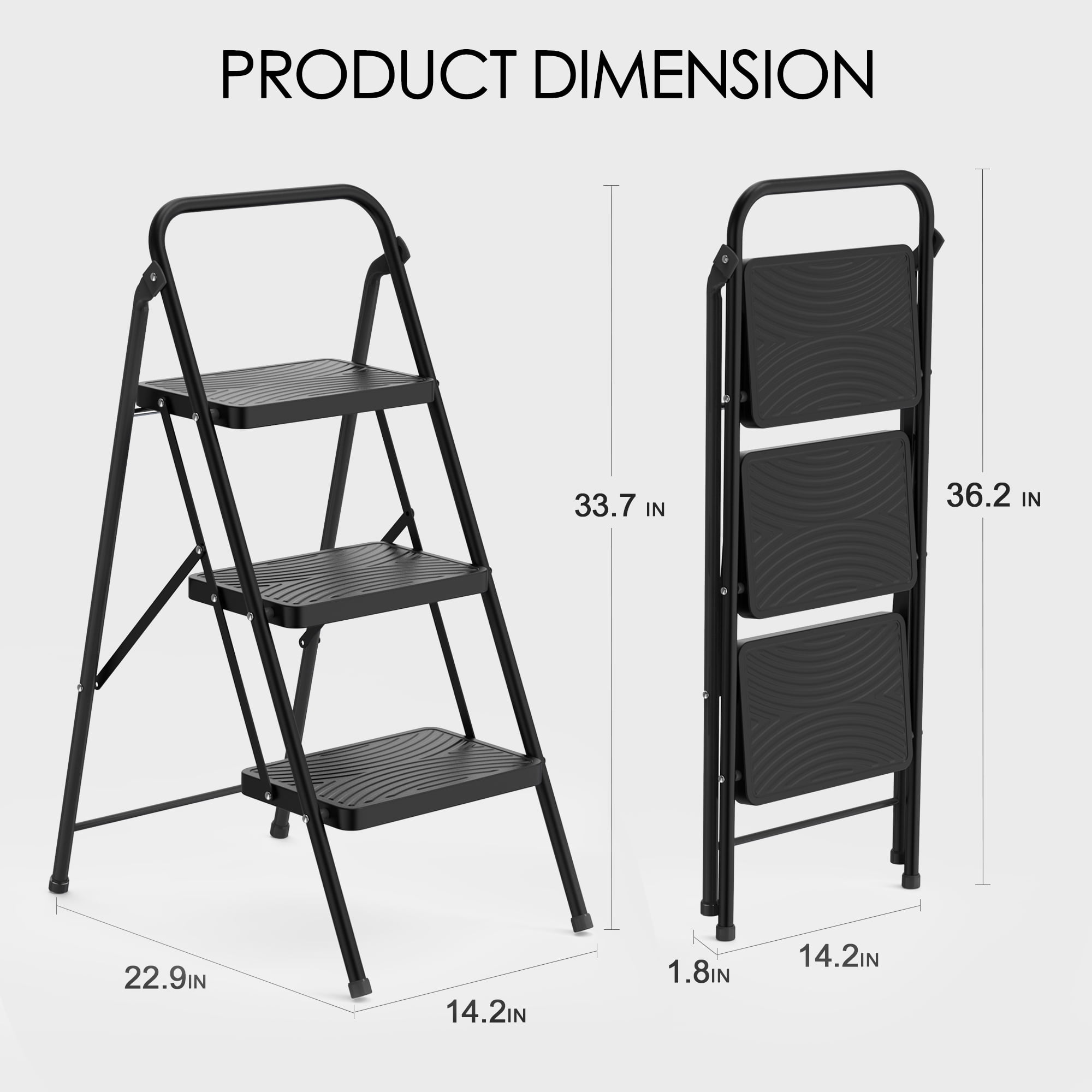 ASoopher 3 Step Stool, Folding Step Ladder with Anti-Slip Pedal, for Kitchen, Black