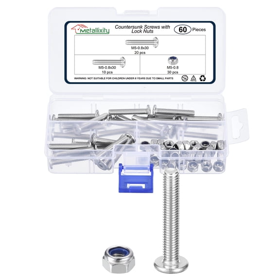 Furniture Connector Bolt Nut(M5-0.8x30) 60Pcs, Silver Tone, 304 Stainless Steel Hex Socket Countersunk Screws with Lock Nuts - for Furniture Woodworking Project, Silver Tone