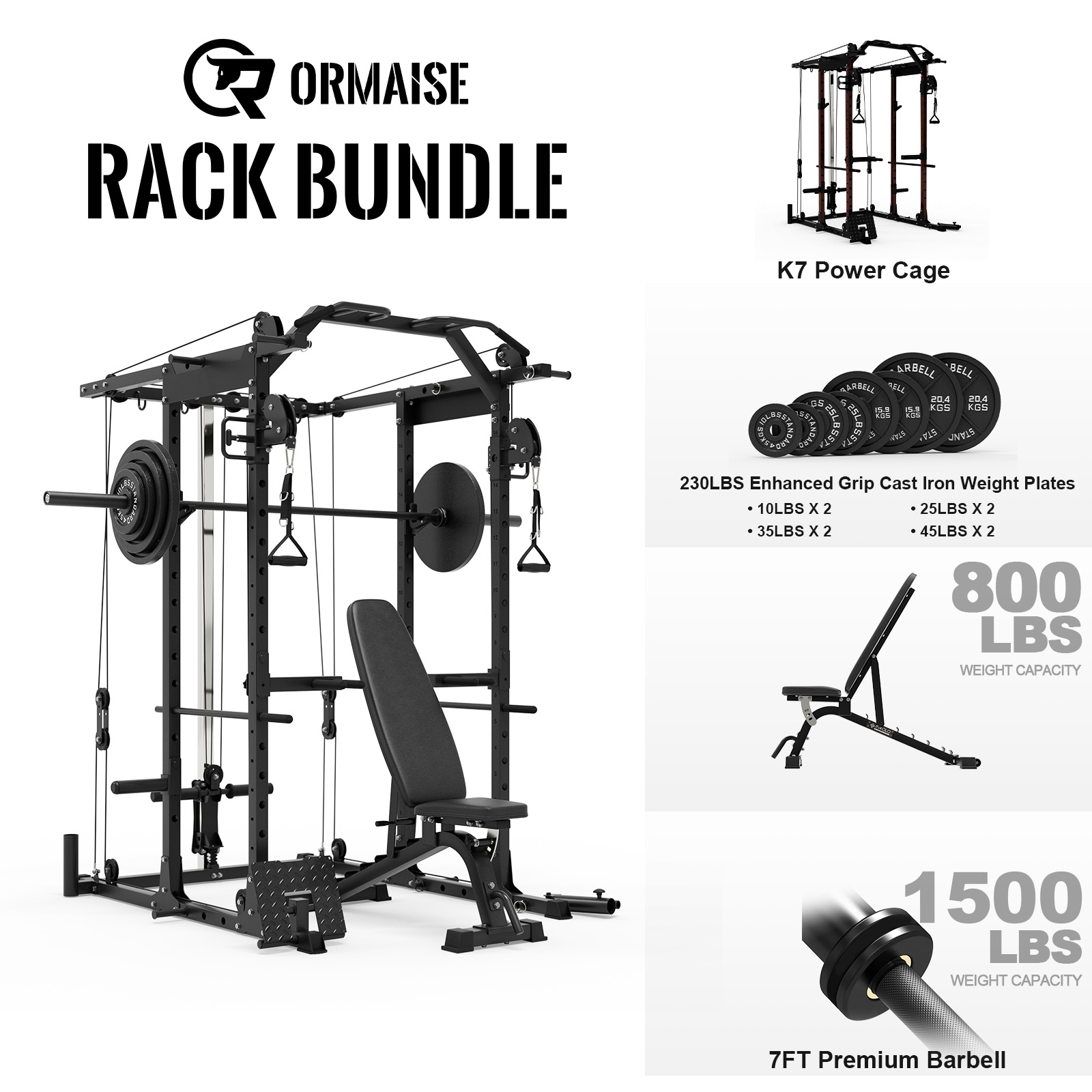 K7 Power Rack Cage, 1500LBS Weight Cage with 800LB Capacity Adjustable Weight Bench, 1500LB Capacity Barbell and 230LB Weight Plate set