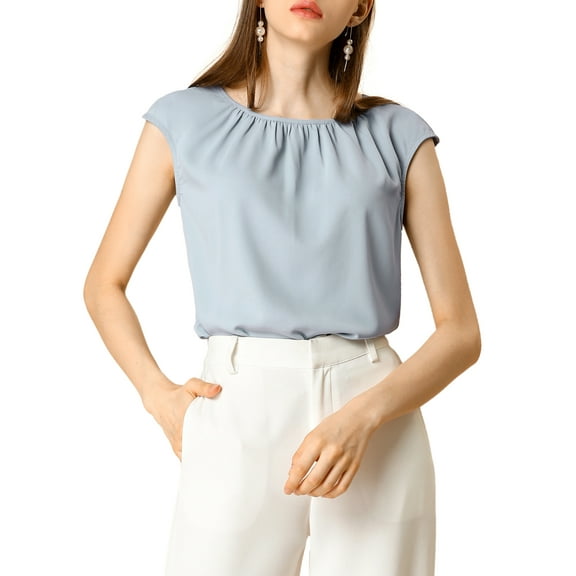 INSPIRE CHIC Women's Round Neck Cap Sleeves Front Pleated Chiffon Blouse XL Light Blue
