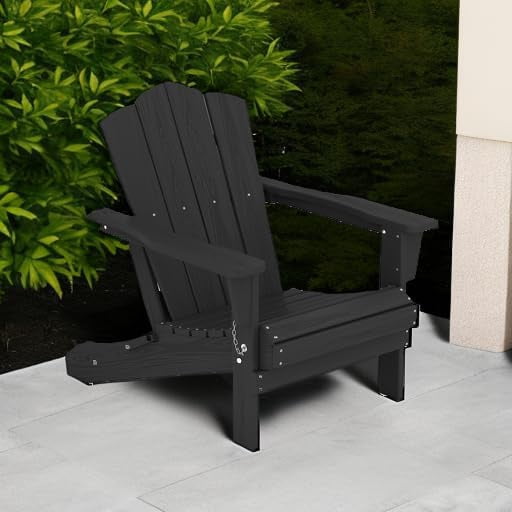 SONGMY Folding Adirondack Chair, HDPE All-Weather Patio Chairs, Wooden Textured Lawn Chair for Poolside, Backyard, Deck, Fire Pit, Black