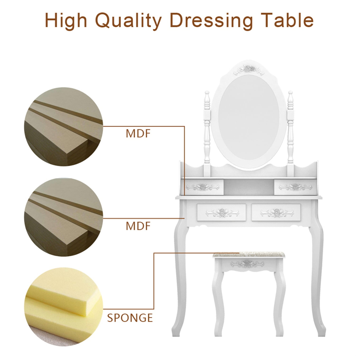 Kadyn Modern Concise 4-Drawer 360-Degree Rotation Removable Mirror Dresser, Vanity Table Set, Makeup Vanity Desk for Bedroom, White