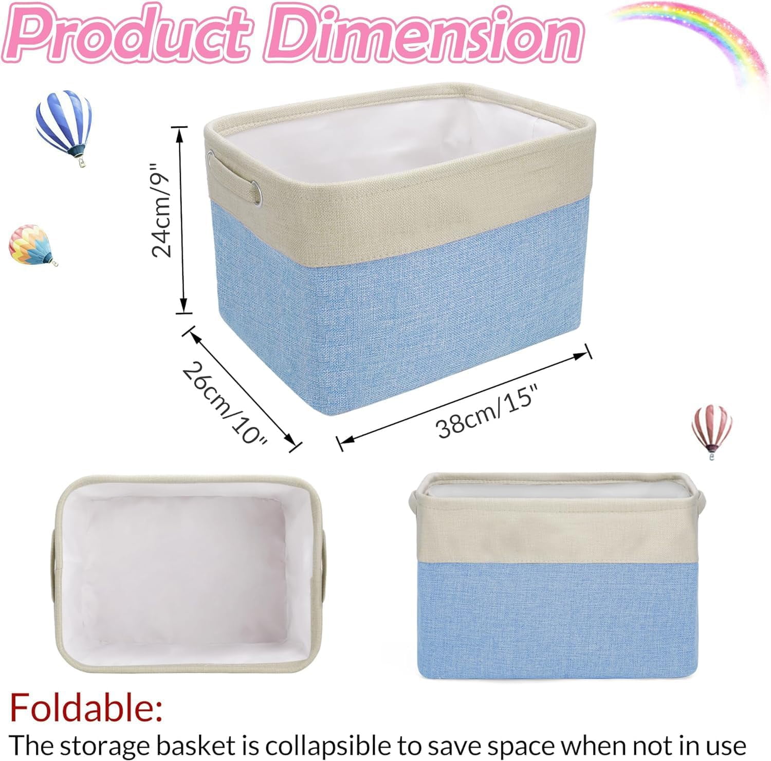 Linen Closet Collapsible Storage Basket Bin for Shelves, Fabric Rectangle Organizers with Handles for Home,Nursery,Clothes, Toys,Books, Laundry-Blue