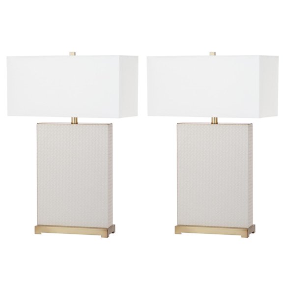 SAFAVIEH Joyce 27.75 in. H Rectangular Faux Table Lamp, Cream Faux Woven Leather, Set of 2