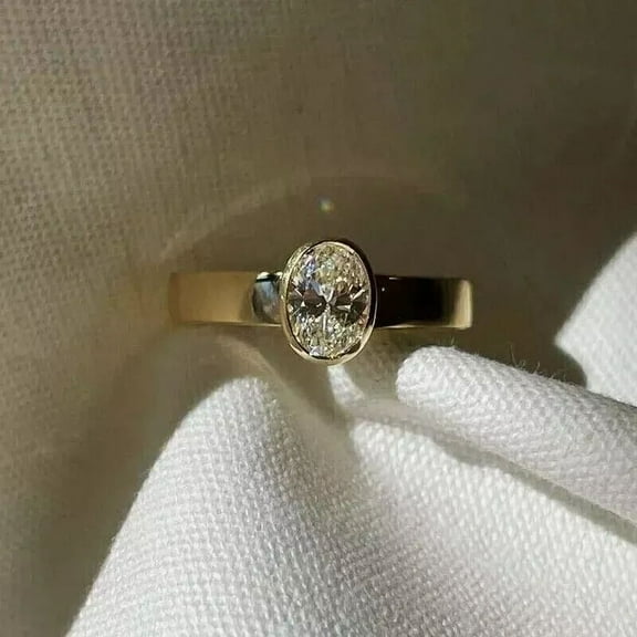 2CT Oval Natural Moissanite Women's Bezel Engagement Ring in Sterling Silver, 14K Yellow Gold Plated, Elegant Bridal Jewelry