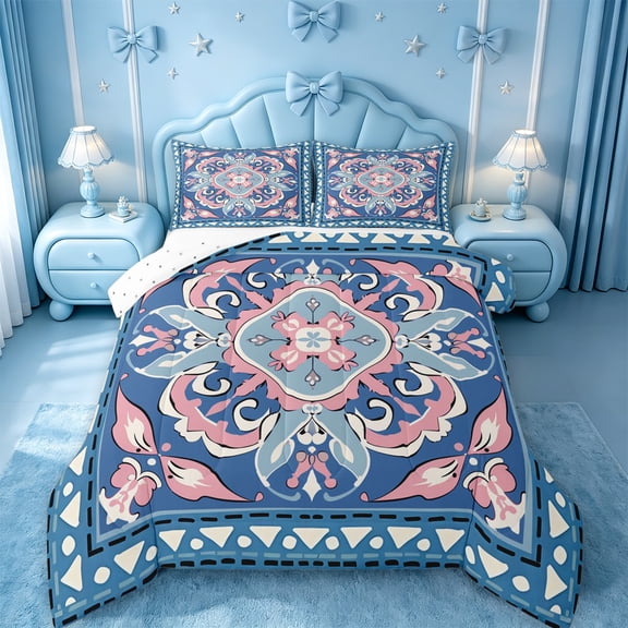 jejeloiu Boho Mandala Queen Comforter Set For Men Women,Geometric Pattern Comforter Sets Queen,Blue Pink White,Reversible,3-Piece,1 Comforter and 2 Pillowcases