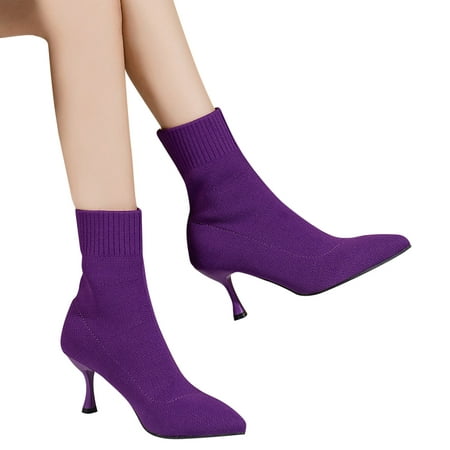 

Lovskoo 2024 Women s Ankle Boots Pointed Toe Stiletto Large High Heel Slim Boots Knitted Pointed Thin Heel Boots Sock Boots Purple
