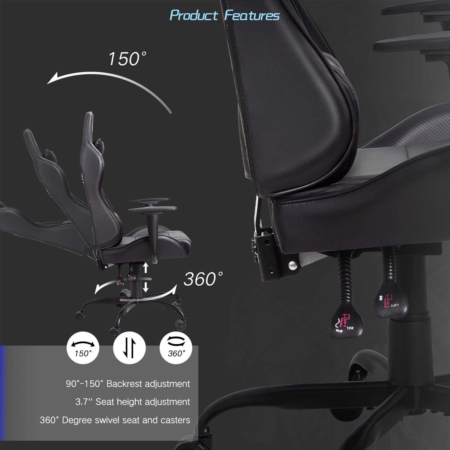 Lacoo Gaming Chair in Home Office PU Leather Reclining Gaming Chair Adjustable Adjustable Headrest and Lumbar Pillow, Black