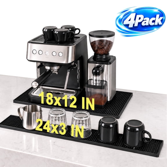 DAZO 4-Piece Rubber Bar Mat Set in 2 Sizes, Thick Non-Slip Spill Mats for Coffee Bars, Kitchen Counters and Restaurants, 17.7" x 11.8" and 23.6" x 3.1", Black